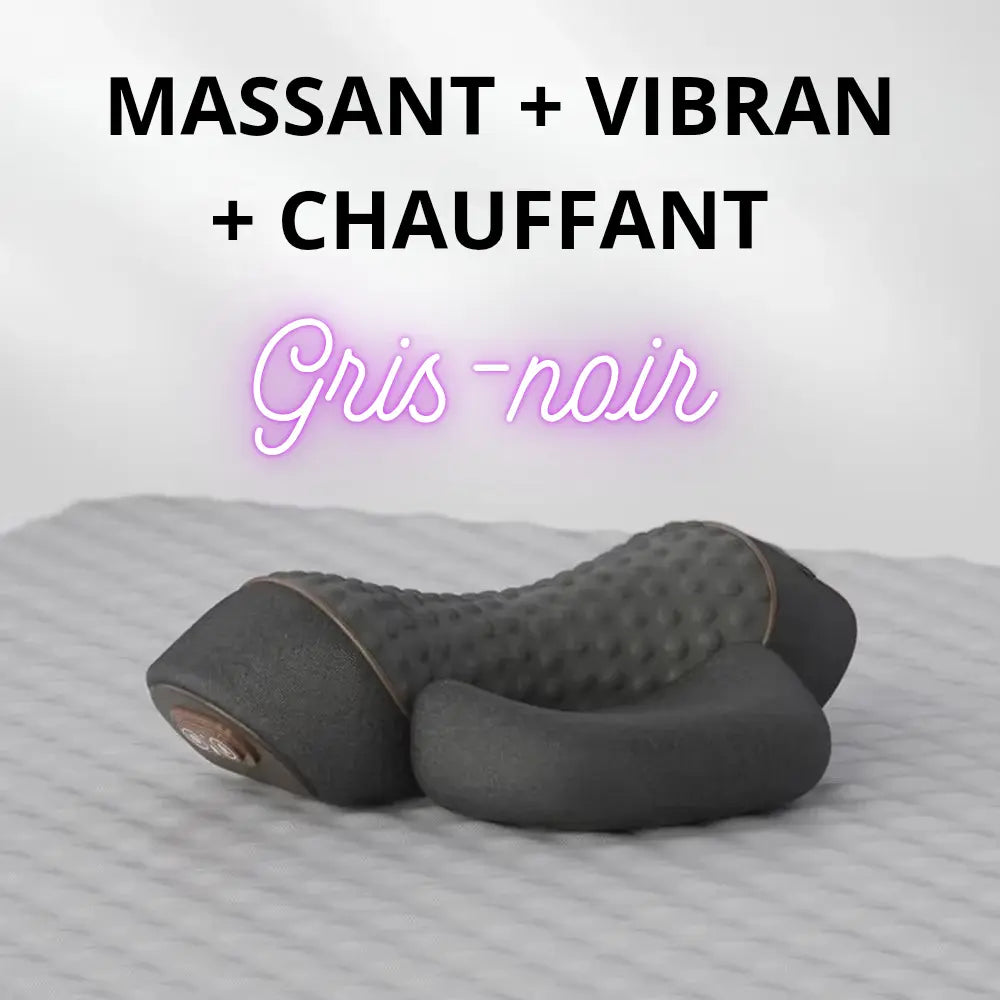 "Oreiller massant électrique ergonomique avec vibrations et fonction étirements, conçu pour soulager les tensions cervicales et offrir un confort optimal au quotidien." ÉZANCE