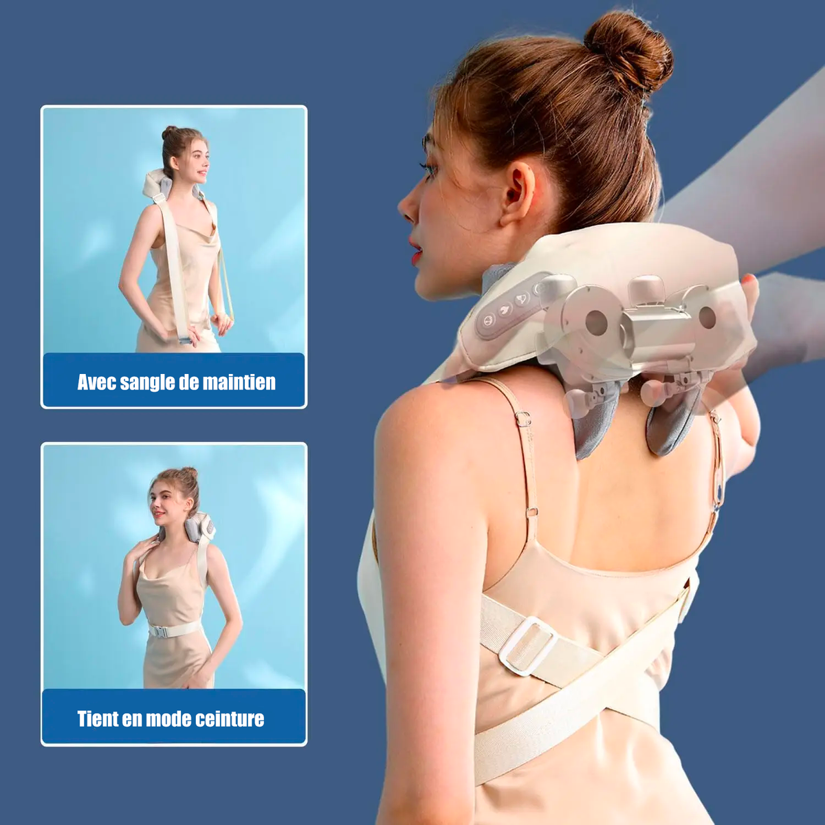 Offrez vous un massage cervicale de pétrissage réaliste, comme si de petites mains massaient vos muscles. Son design ergonomique cible parfaitement les zones tendues pour un soulagement immédiat. Un confort unique, où la technologie rencontre l'efficacité