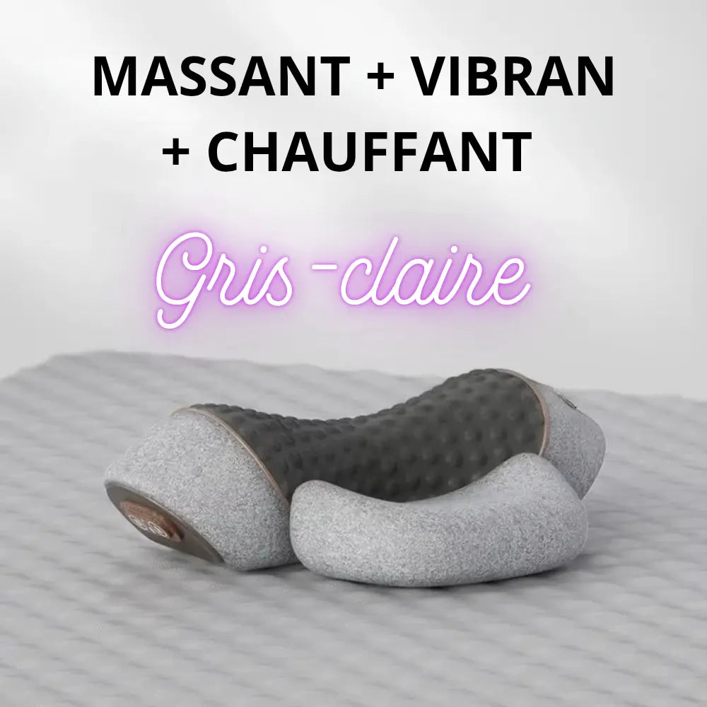"Oreiller massant électrique ergonomique avec vibrations et fonction étirements, conçu pour soulager les tensions cervicales et offrir un confort optimal au quotidien." ÉZANCE