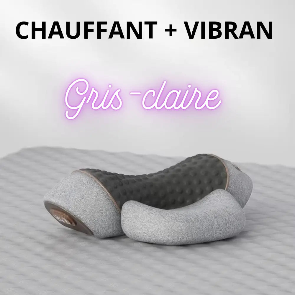 "Oreiller massant électrique ergonomique avec vibrations et fonction étirements, conçu pour soulager les tensions cervicales et offrir un confort optimal au quotidien." ÉZANCE