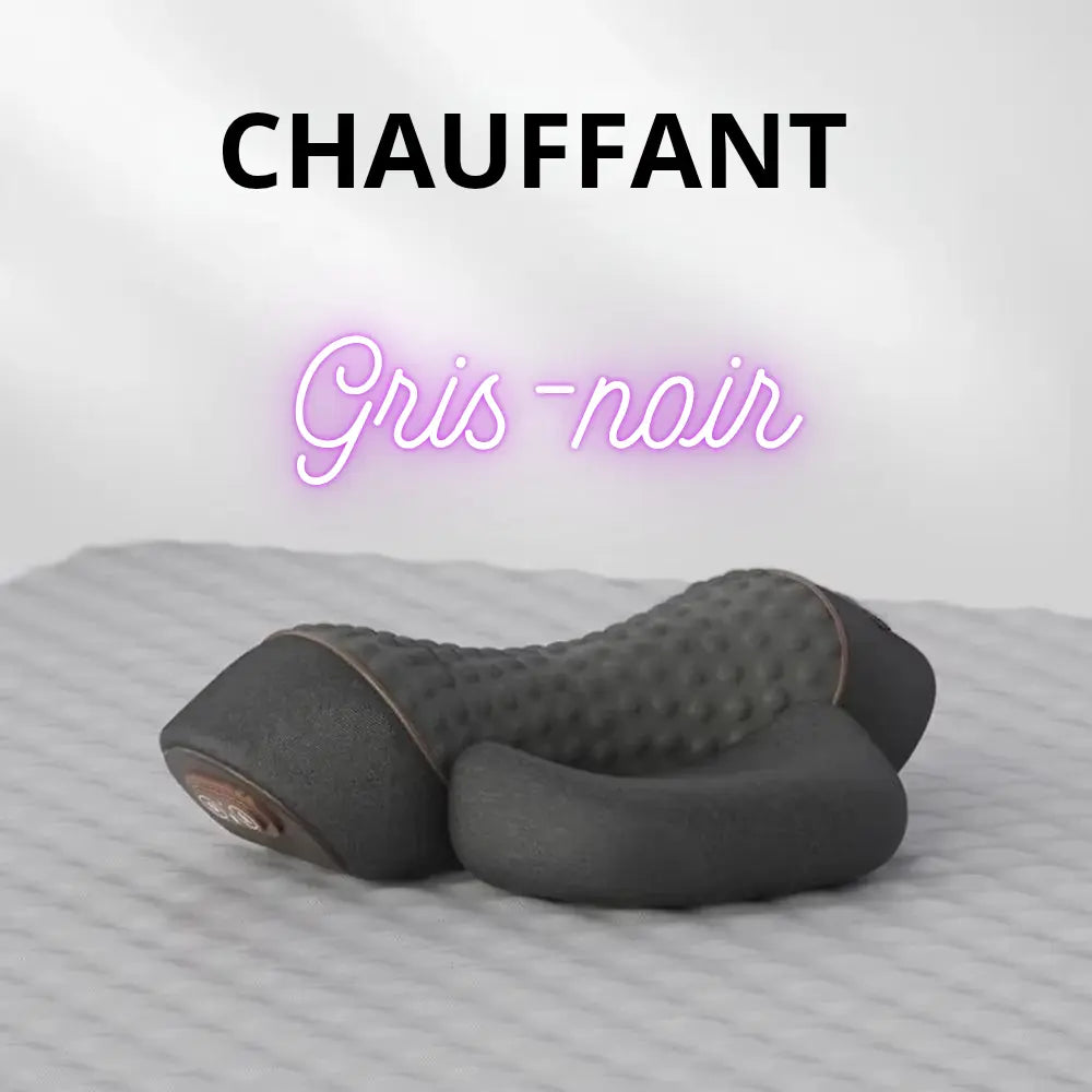 "Oreiller massant électrique ergonomique avec vibrations et fonction étirements, conçu pour soulager les tensions cervicales et offrir un confort optimal au quotidien." ÉZANCE