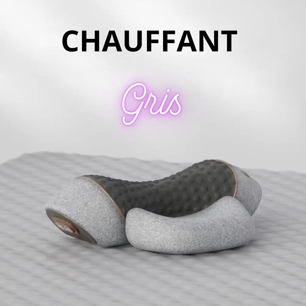"Oreiller massant électrique ergonomique avec vibrations et fonction étirements, conçu pour soulager les tensions cervicales et offrir un confort optimal au quotidien." ÉZANCE