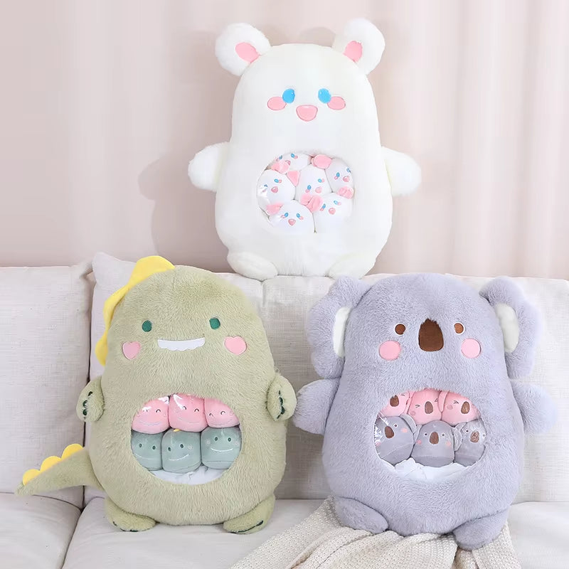 6Pcs Small Toys inside Cute Panda Koala Rabbit Dinosaur Cartoon Animals Plush Pillow Soft Stuffed Sofa Cushion Homdecor Pillow