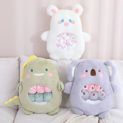 6Pcs Small Toys inside Cute Panda Koala Rabbit Dinosaur Cartoon Animals Plush Pillow Soft Stuffed Sofa Cushion Homdecor Pillow