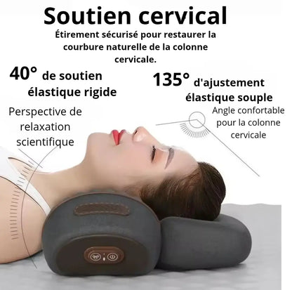 "Oreiller massant électrique ergonomique avec vibrations et fonction étirements, conçu pour soulager les tensions cervicales et offrir un confort optimal au quotidien." ÉZANCE
