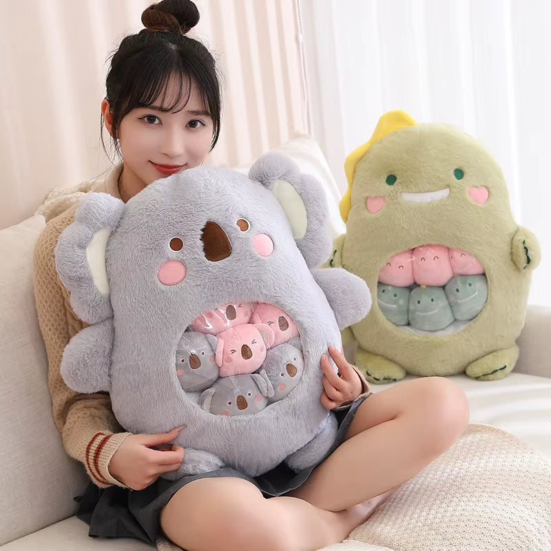 6Pcs Small Toys inside Cute Panda Koala Rabbit Dinosaur Cartoon Animals Plush Pillow Soft Stuffed Sofa Cushion Homdecor Pillow