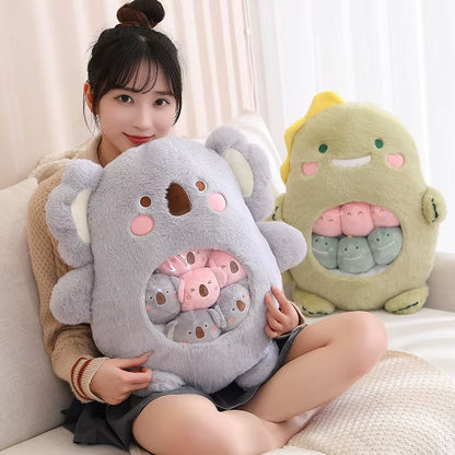 6Pcs Small Toys inside Cute Panda Koala Rabbit Dinosaur Cartoon Animals Plush Pillow Soft Stuffed Sofa Cushion Homdecor Pillow
