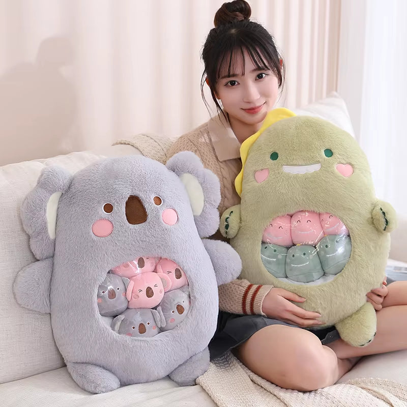 6Pcs Small Toys inside Cute Panda Koala Rabbit Dinosaur Cartoon Animals Plush Pillow Soft Stuffed Sofa Cushion Homdecor Pillow