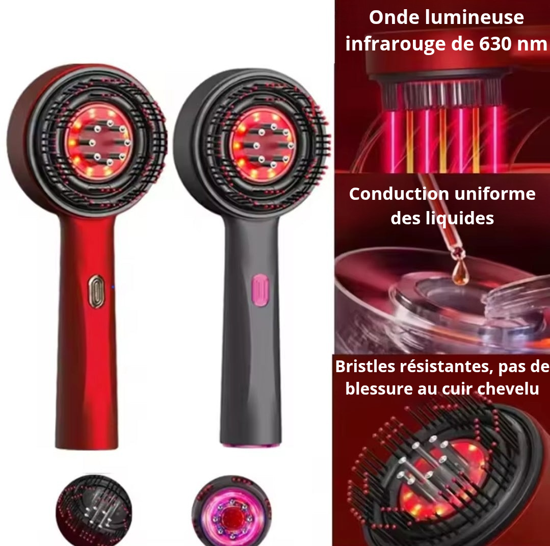 Améliorez la santé de votre cuir chevelu grâce à ce peigne massant à Microcourant, Lumière Rouge 630 nm et 72 dents arrondies, offrant massage, stimulation circulatoire et absorption optimale des soins capillaires pour des cheveux revitalisés.