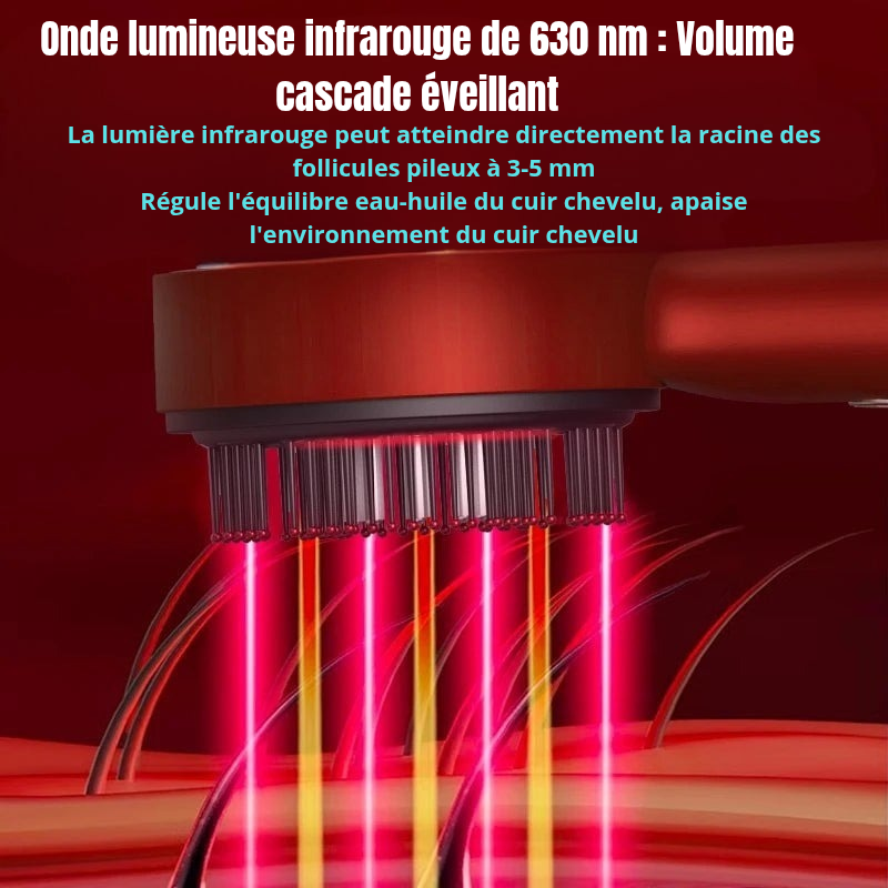 Améliorez la santé de votre cuir chevelu grâce à ce peigne massant à Microcourant, Lumière Rouge 630 nm et 72 dents arrondies, offrant massage, stimulation circulatoire et absorption optimale des soins capillaires pour des cheveux revitalisés.