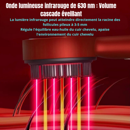 Améliorez la santé de votre cuir chevelu grâce à ce peigne massant à Microcourant, Lumière Rouge 630 nm et 72 dents arrondies, offrant massage, stimulation circulatoire et absorption optimale des soins capillaires pour des cheveux revitalisés.