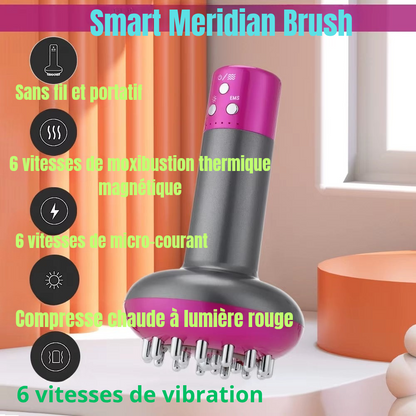 La Smart Meridian Brush, un masseur électrique révolutionnaire combinant GUA-SHA vibrant, micro-courants, compresse chaude et moxibustion thermique. elle stimule les endorphines, favorise le drainage lymphatique, brûle les graisses et Détend les muscles!