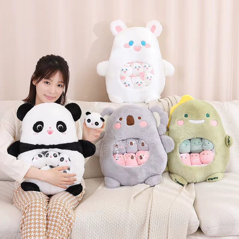 6Pcs Small Toys inside Cute Panda Koala Rabbit Dinosaur Cartoon Animals Plush Pillow Soft Stuffed Sofa Cushion Homdecor Pillow