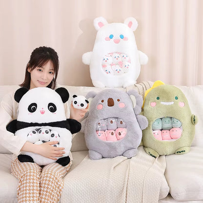 6Pcs Small Toys inside Cute Panda Koala Rabbit Dinosaur Cartoon Animals Plush Pillow Soft Stuffed Sofa Cushion Homdecor Pillow
