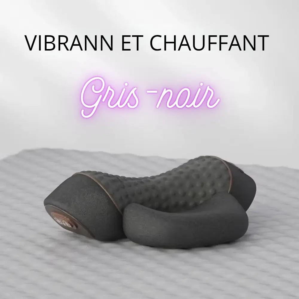 "Oreiller massant électrique ergonomique avec vibrations et fonction étirements, conçu pour soulager les tensions cervicales et offrir un confort optimal au quotidien." ÉZANCE